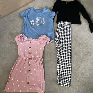 Fabkids pink dress, black long sleeved shirt, blue tee all size8  leggings sz 7